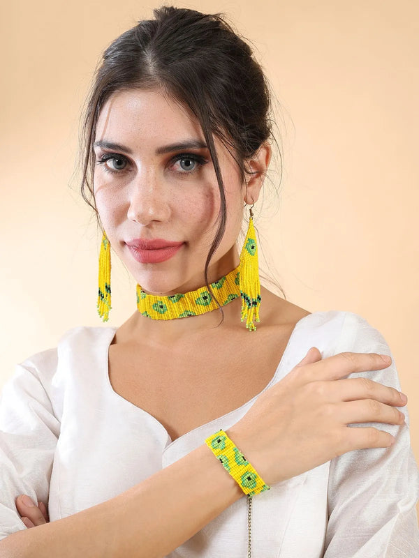 Avocado green handmade beaded choker set in soft olive tone, close-fit throat style