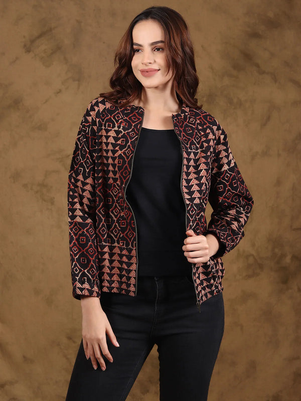 Bagru print bomber jacket in hand block printed cotton with buti motifs, front zip view