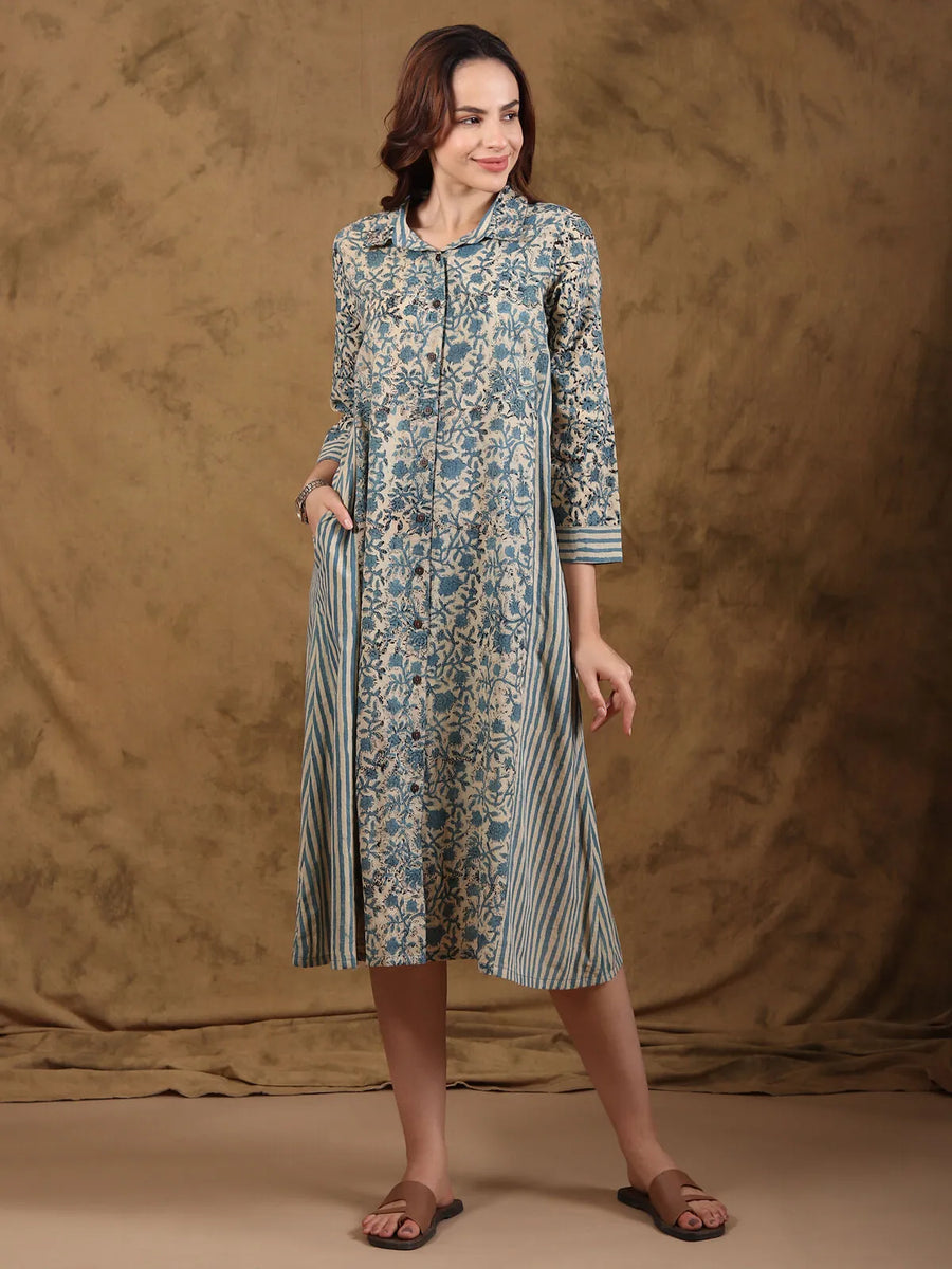 Bagru Front Buttoned A-Line Dress