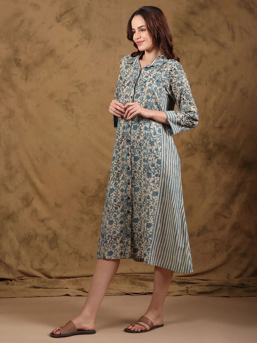 Bagru Front Buttoned A-Line Dress