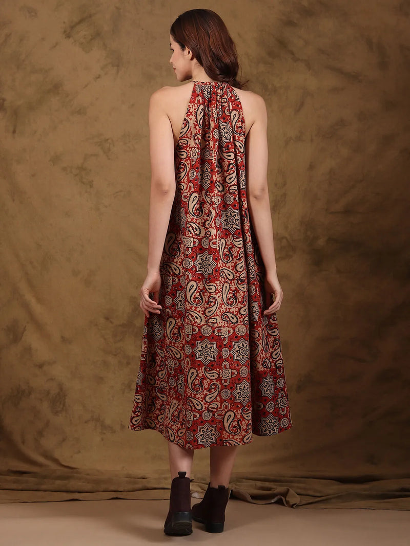 Bagru Halter Neck Flare Dress
