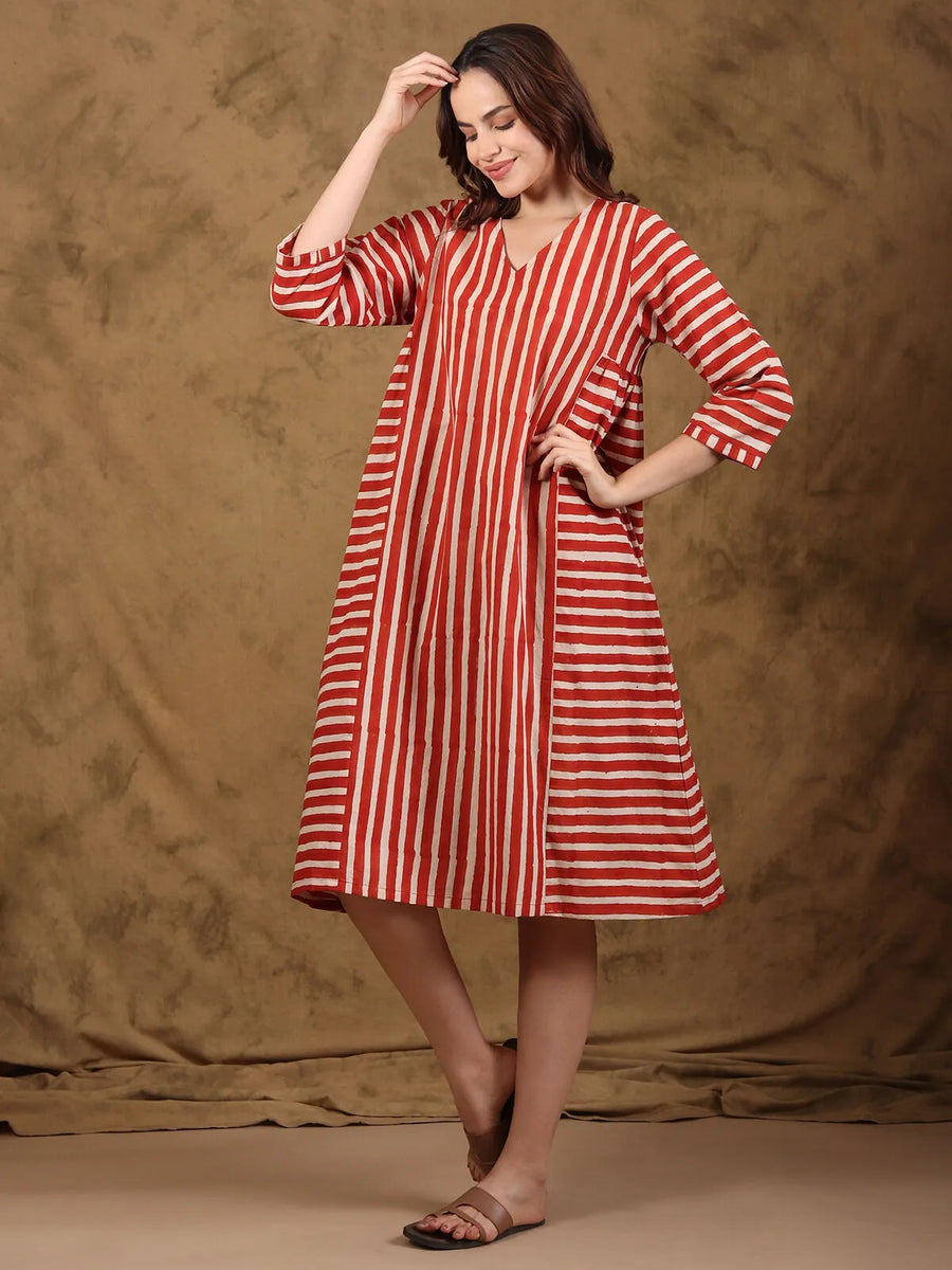 Bagru V-Neck A-Line Midi Dress