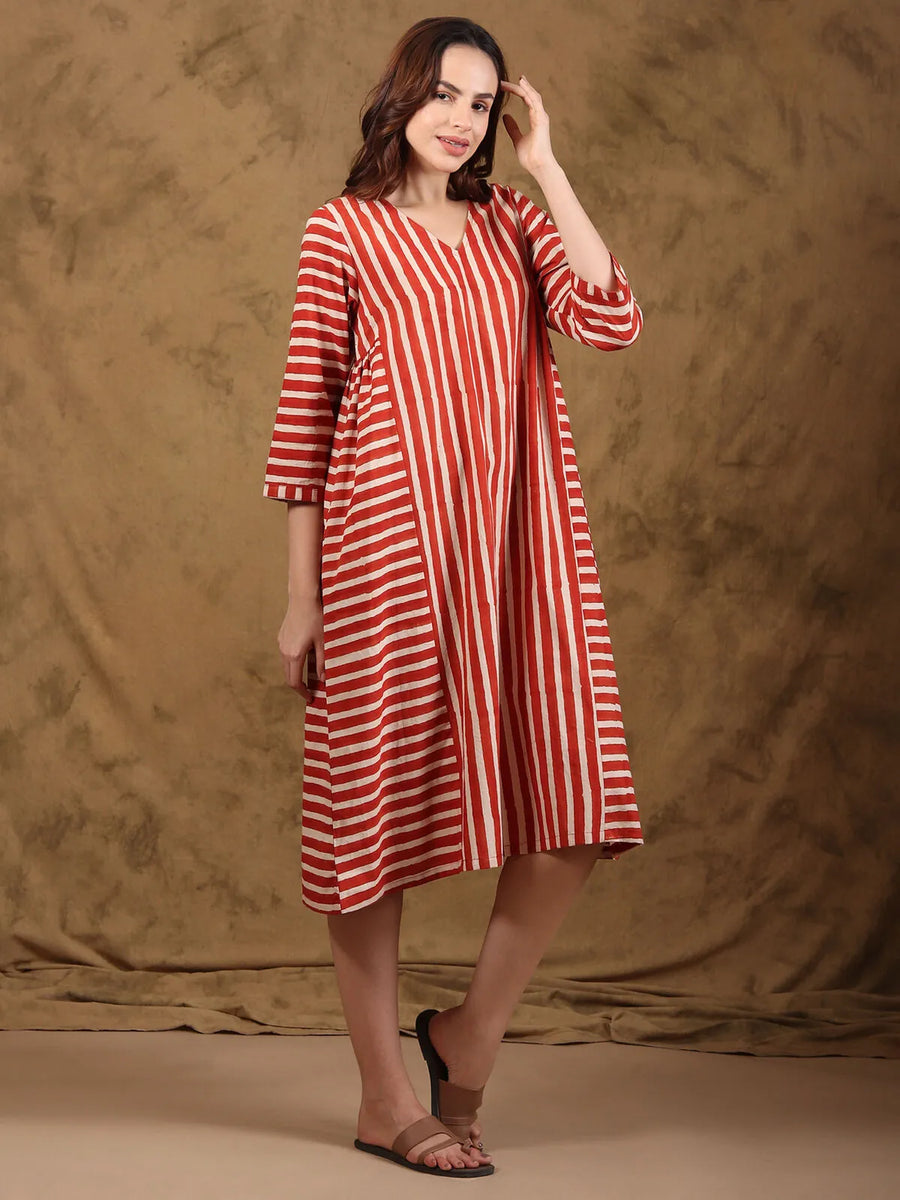 Bagru V-Neck A-Line Midi Dress