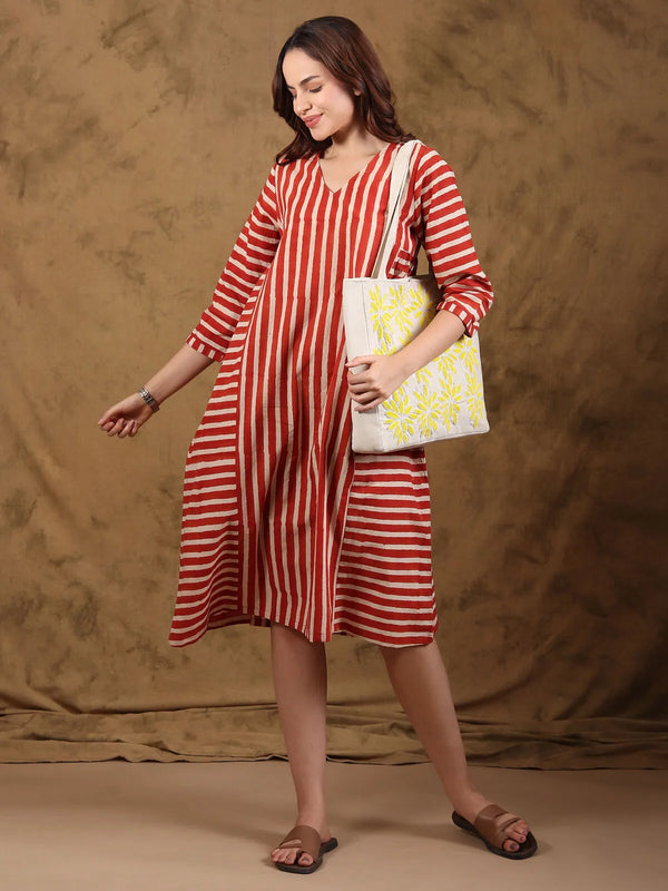 Bagru hand block print cotton midi dress with V-neck and A-line flare, front view