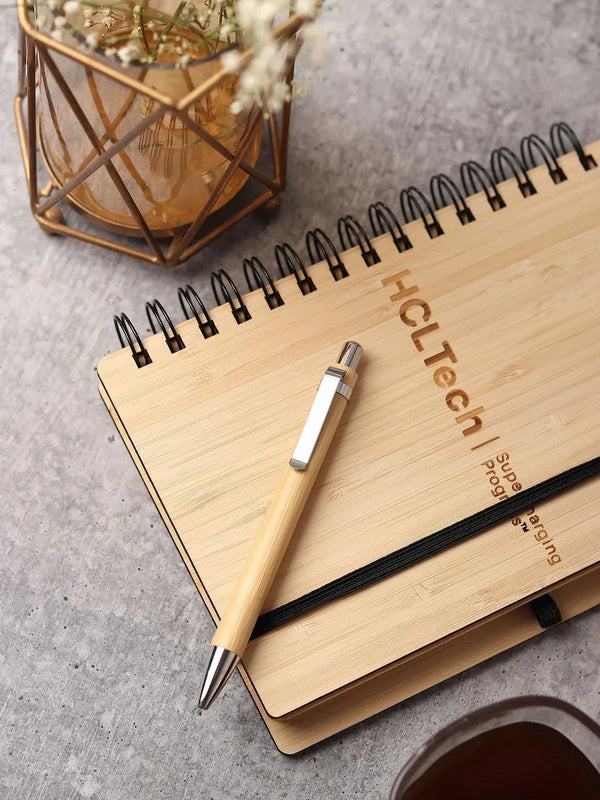 Bamboo diary with natural bamboo wood cover and company logo branding, 8 by 10 inch size