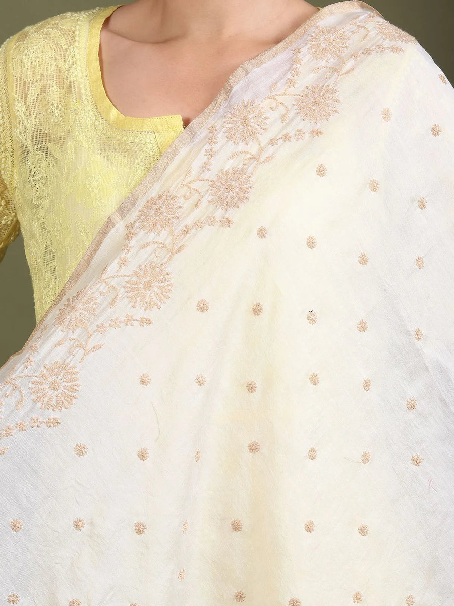 Beige Floral Chikankari Dupatta
