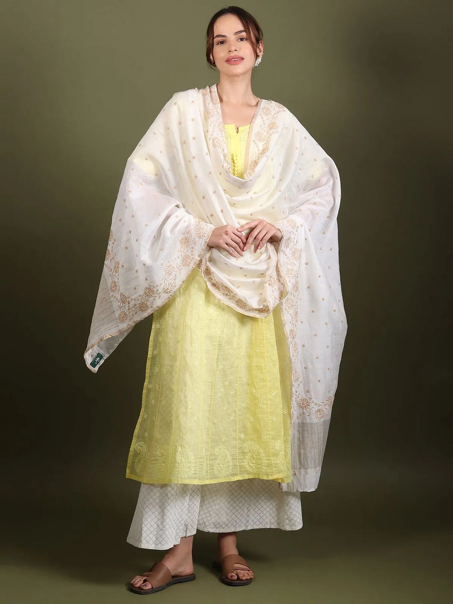 Beige Floral Chikankari Dupatta