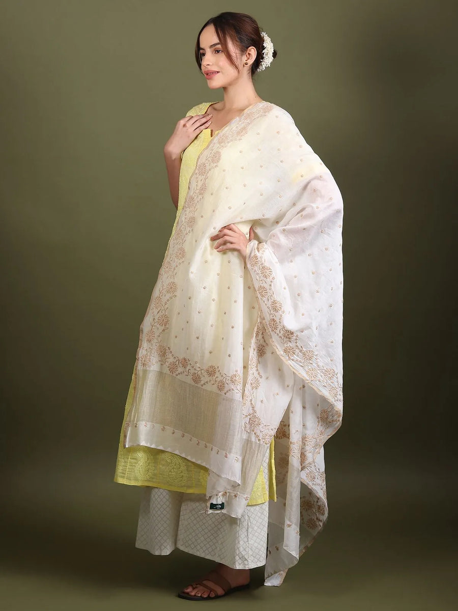 Beige Floral Chikankari Dupatta