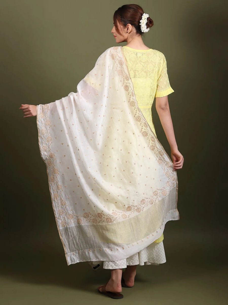 Beige Floral Chikankari Dupatta