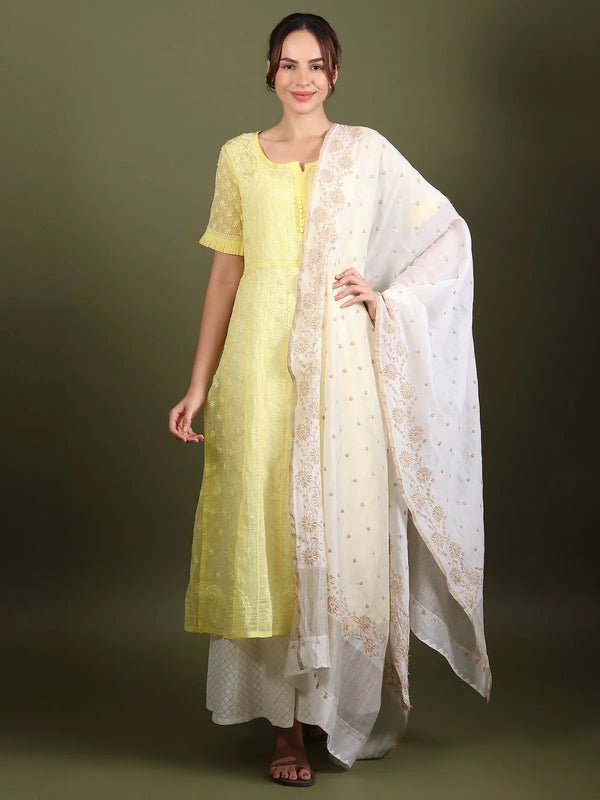 Beige floral chikankari dupatta with white shadow-work embroidery, full drape