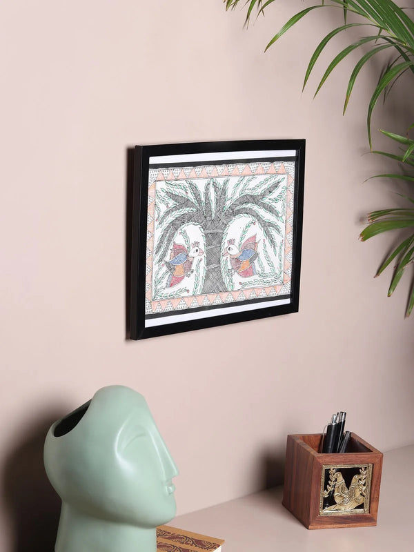 Hand-painted birds Madhubani painting from Mithila with bird figures in the signature double-line border