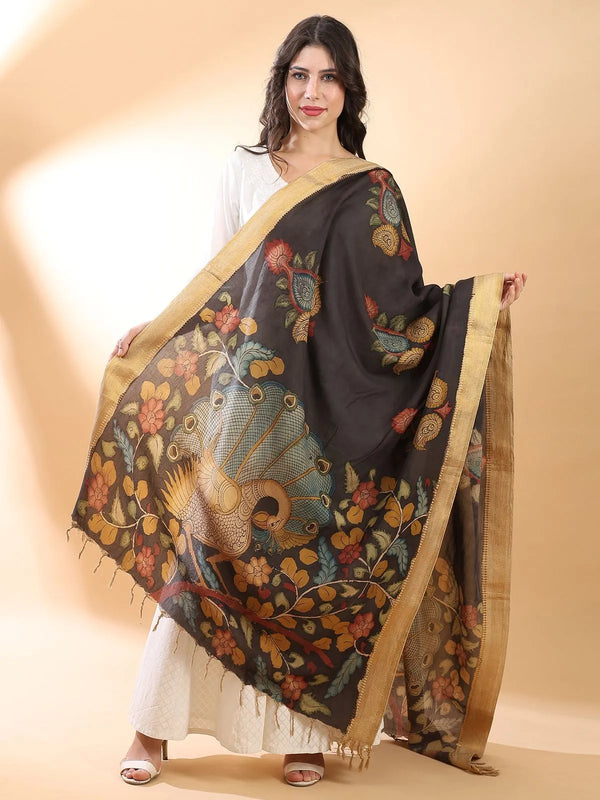 Black block-printed Kalamkari cotton dupatta with floral motifs in rust, cream, and ochre