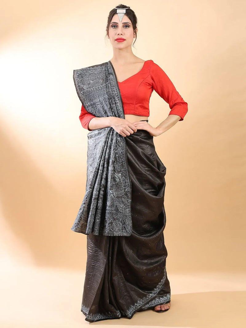 Black Madhubani Silk Saree