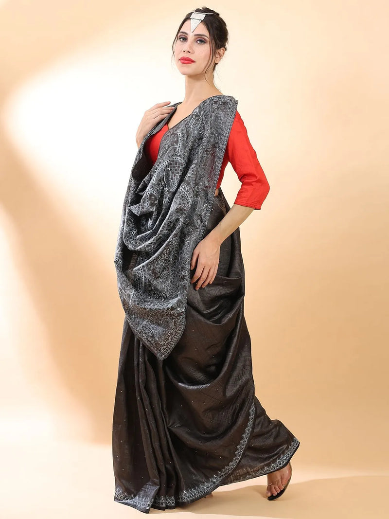 Black Madhubani Silk Saree