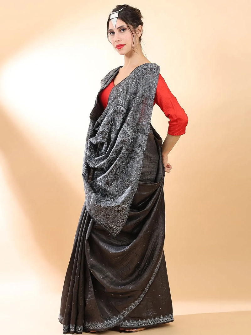 Black Madhubani Silk Saree