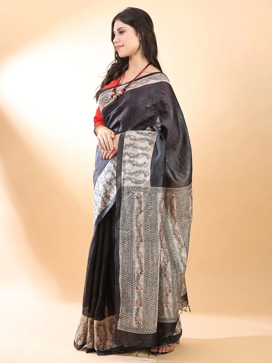 Black Madhubani Silk Saree