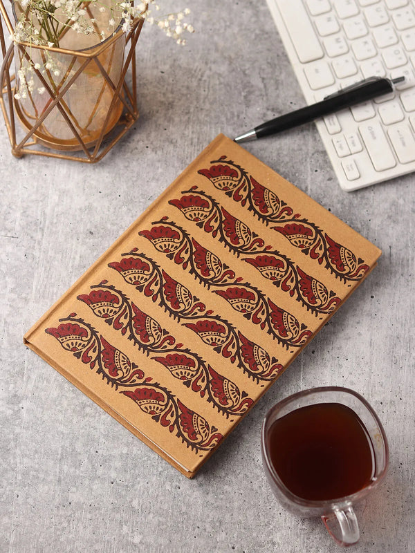 Small handmade diary with a hand block printed cotton cover in indigo and red Bagru floral motifs