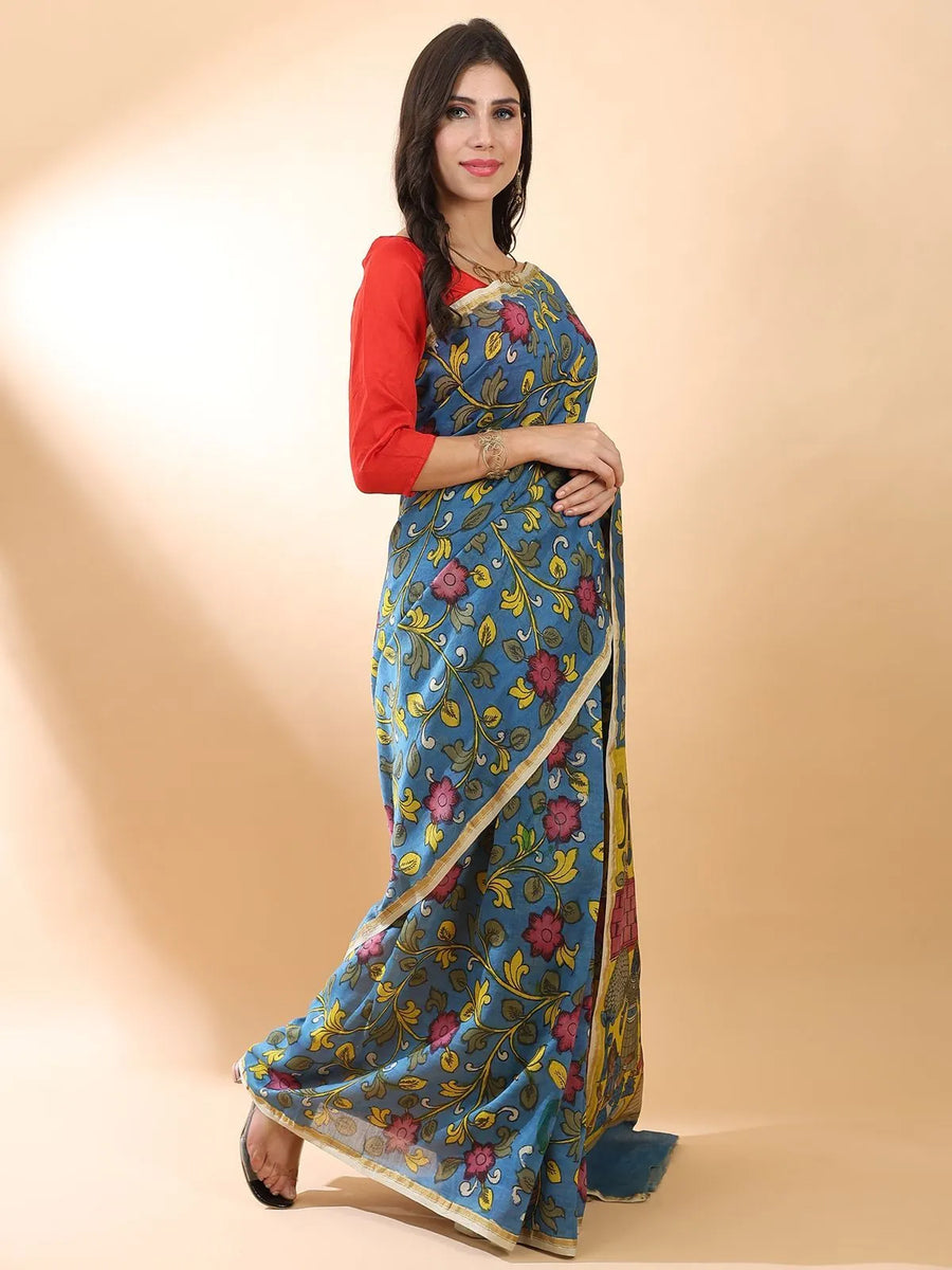 Blue Kalamkari Floral Saree