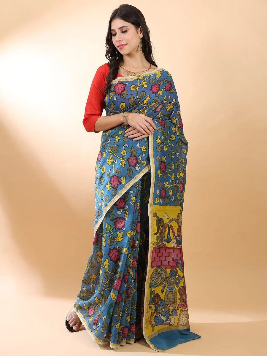Blue Kalamkari Floral Saree