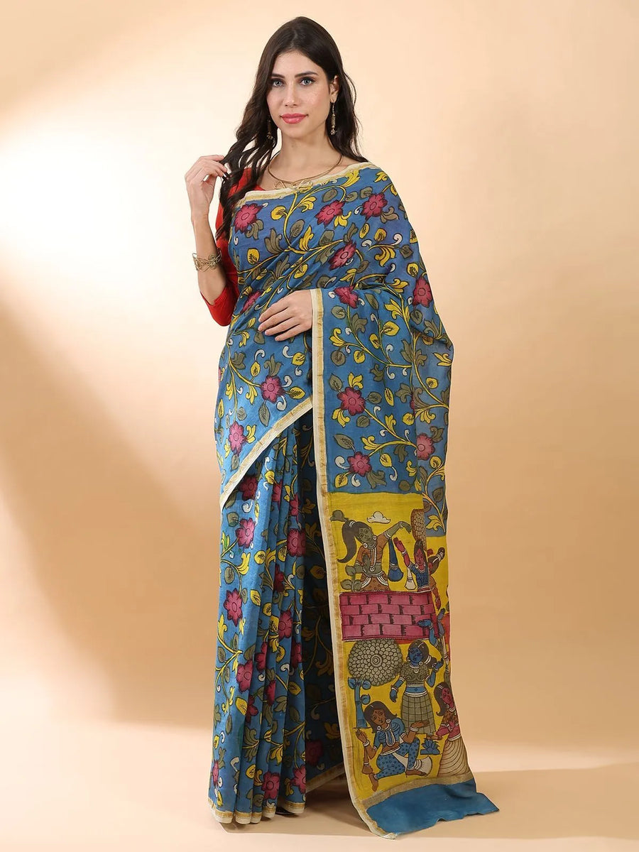Blue Kalamkari Floral Saree
