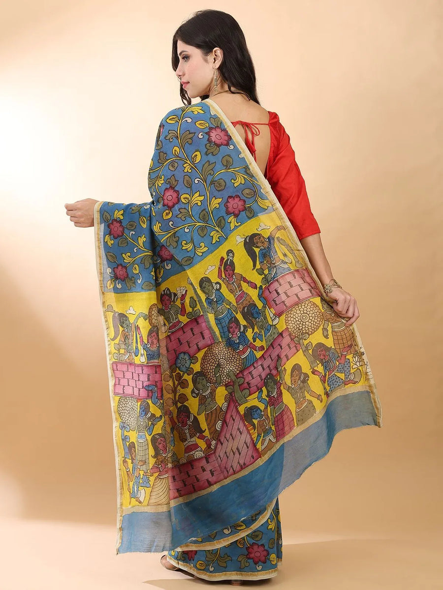 Blue Kalamkari Floral Saree