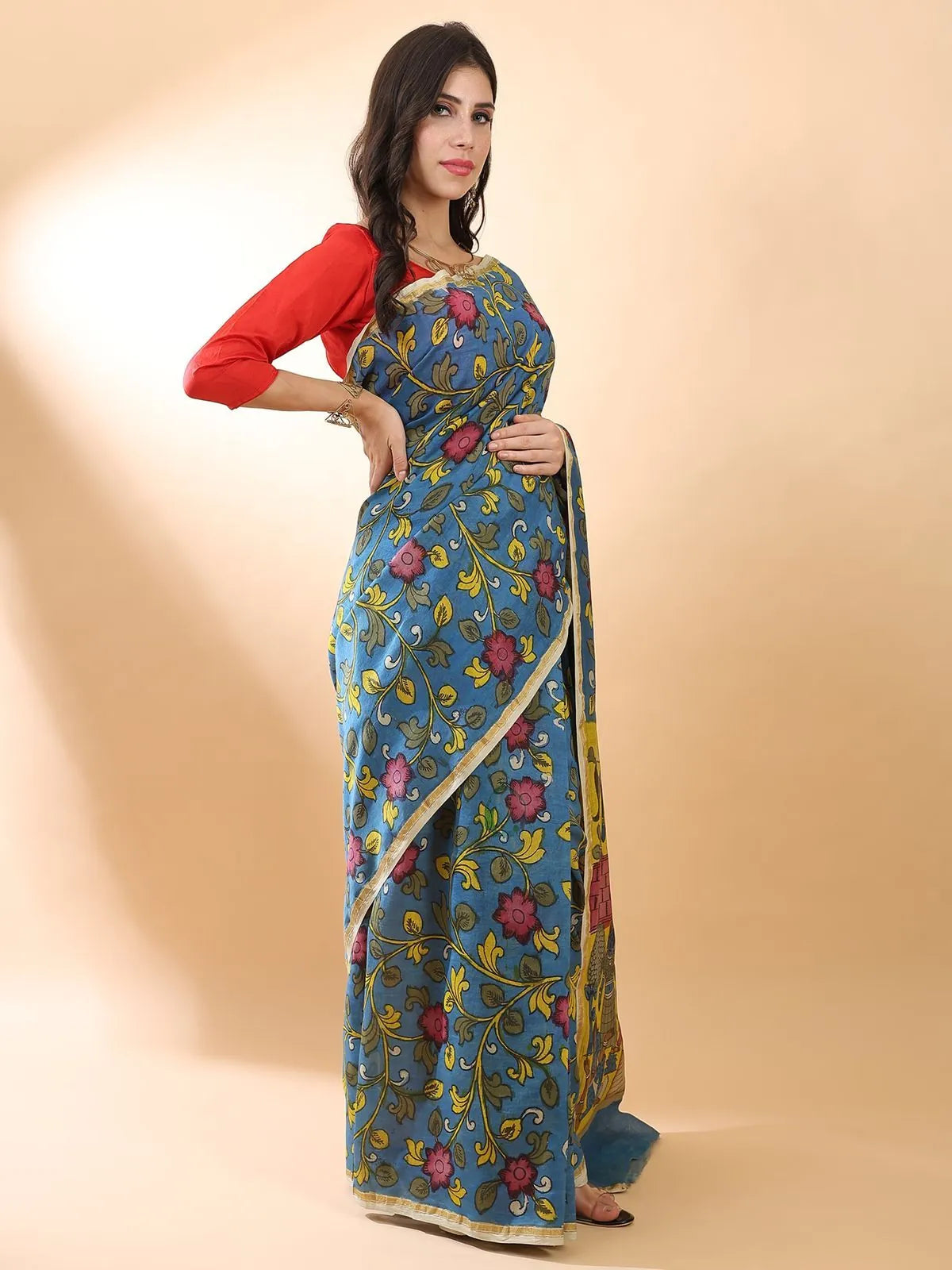 Blue Kalamkari Floral Saree