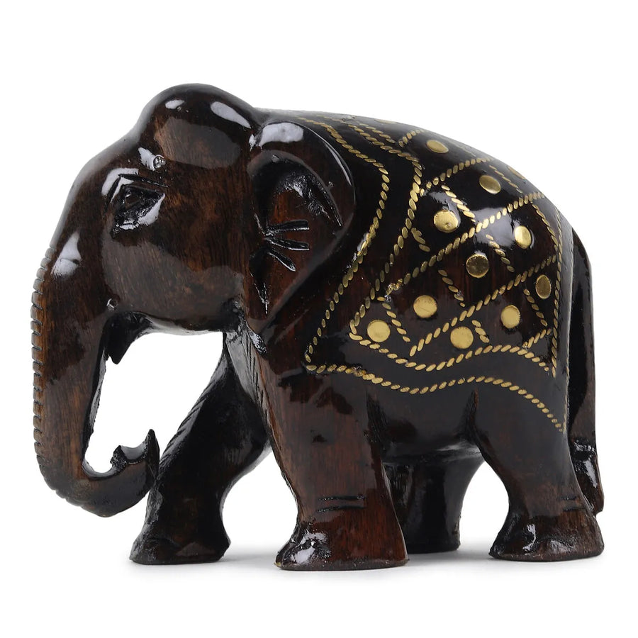 Brass Inlay Wood Elephant