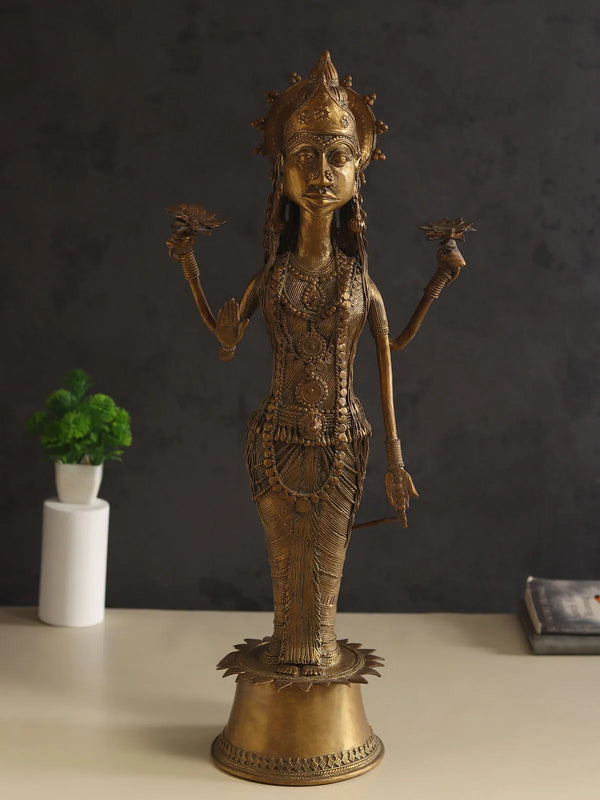 Brass Laxmi idol seated with lotuses in hand, Dokra lost wax casting, 10.5 inches