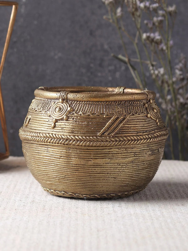 Round Dokra brass pot with coiled wax-thread texture, two braided bands and spiral motifs below the rim, West Bengal
