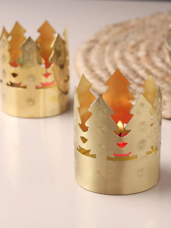 Brass tea light holder with Christmas tree cutwork handcrafted in Sambhal