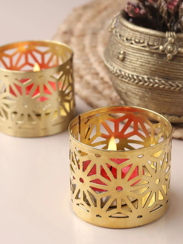 Handcrafted brass tealight holder with star cutwork from Sambhal, Uttar Pradesh