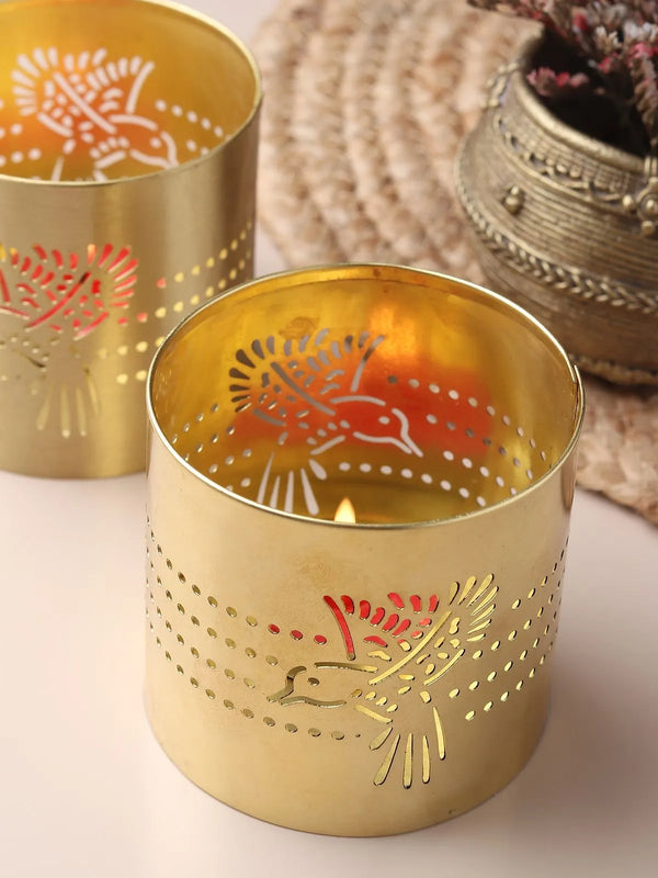 Handcrafted brass tealight holder with bird cutwork from Sambhal, Uttar Pradesh