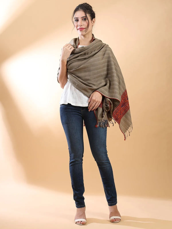 Brown handwoven Himachali Kullu shawl with green and orange geometric border pattern