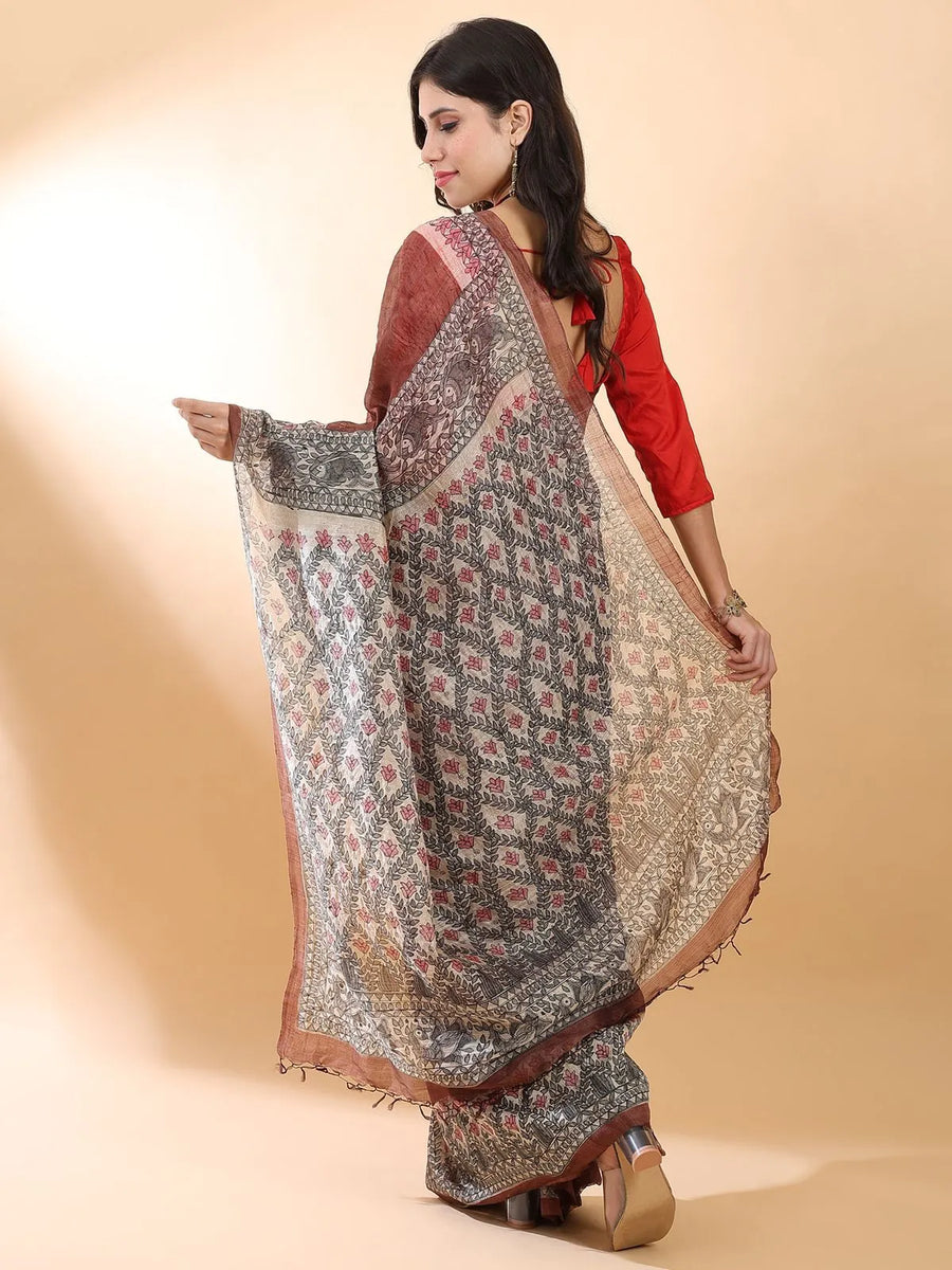 Brown Madhubani Silk Saree