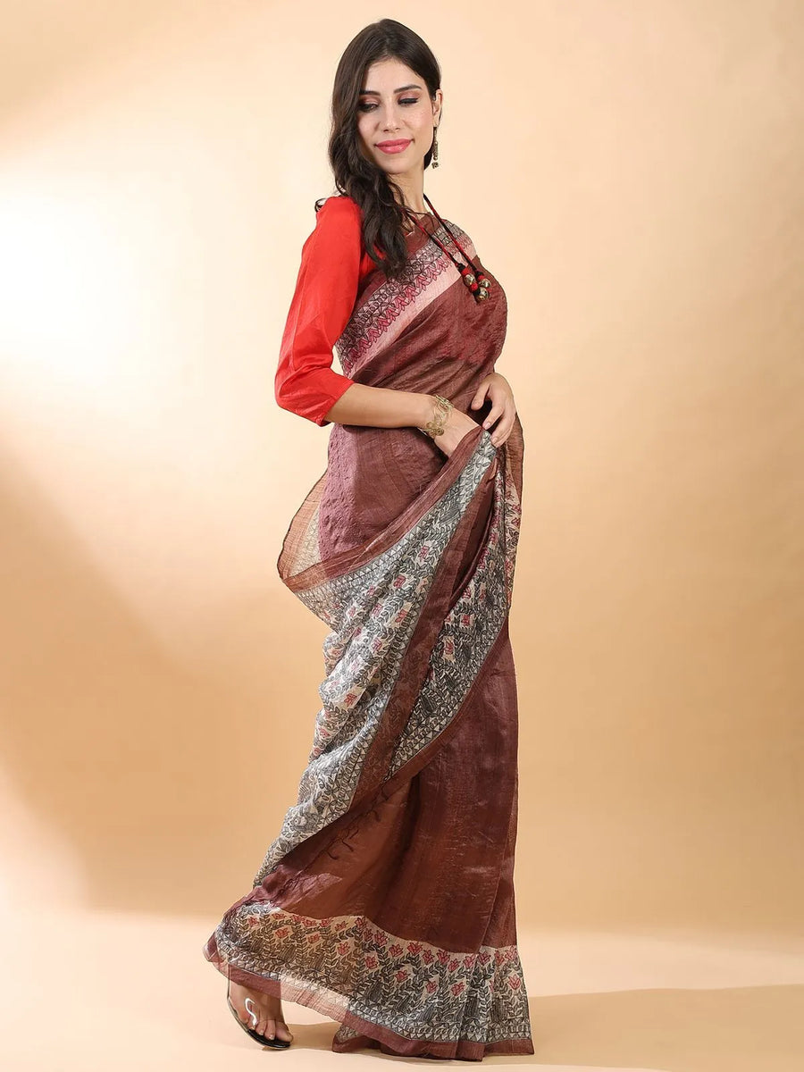 Brown Madhubani Silk Saree