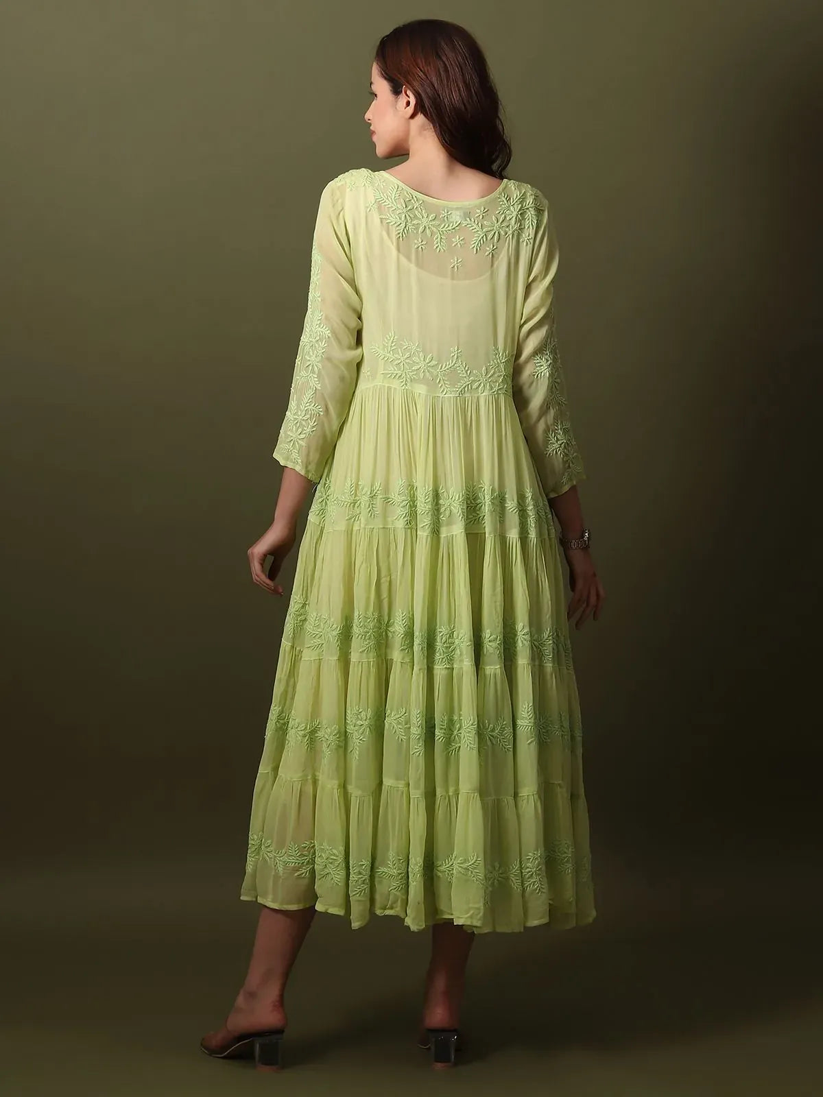 Chikankari Green Tiered Dress
