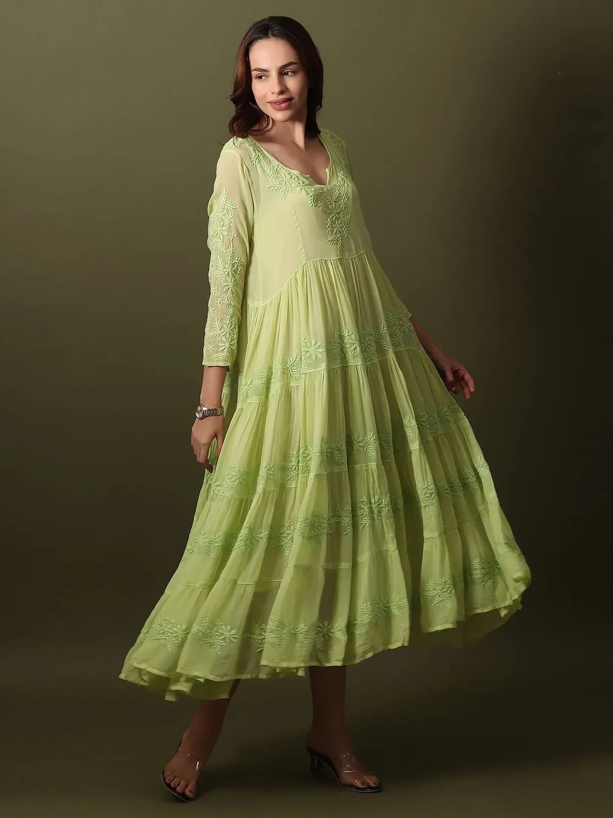 Chikankari Green Tiered Dress