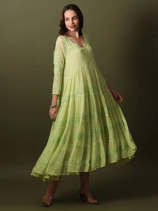 Green Chikankari tiered dress with white hand-embroidered floral shadow-work, Lucknow craft, front view