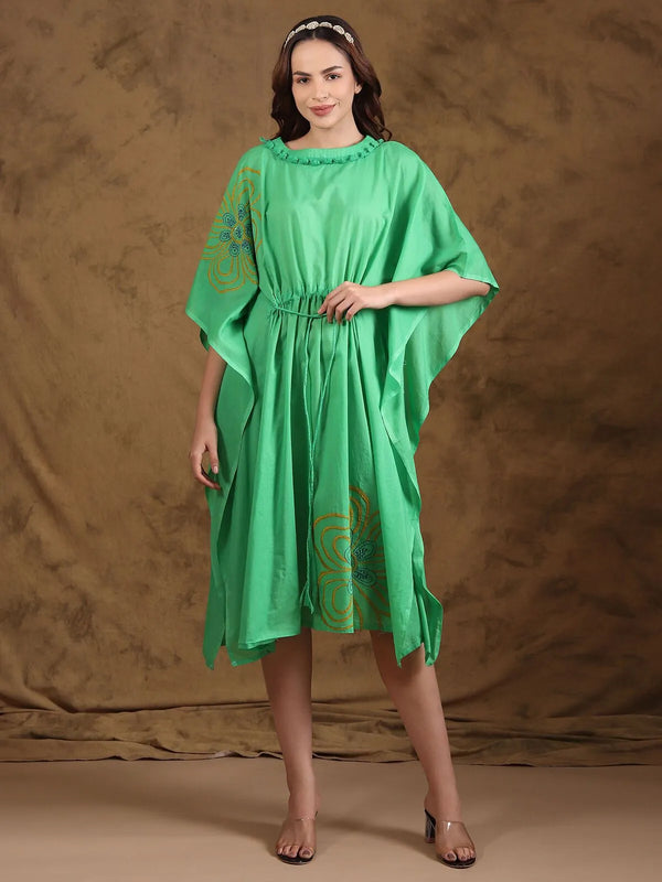Green chikankari kaftan in soft mulmul with white floral hand embroidery