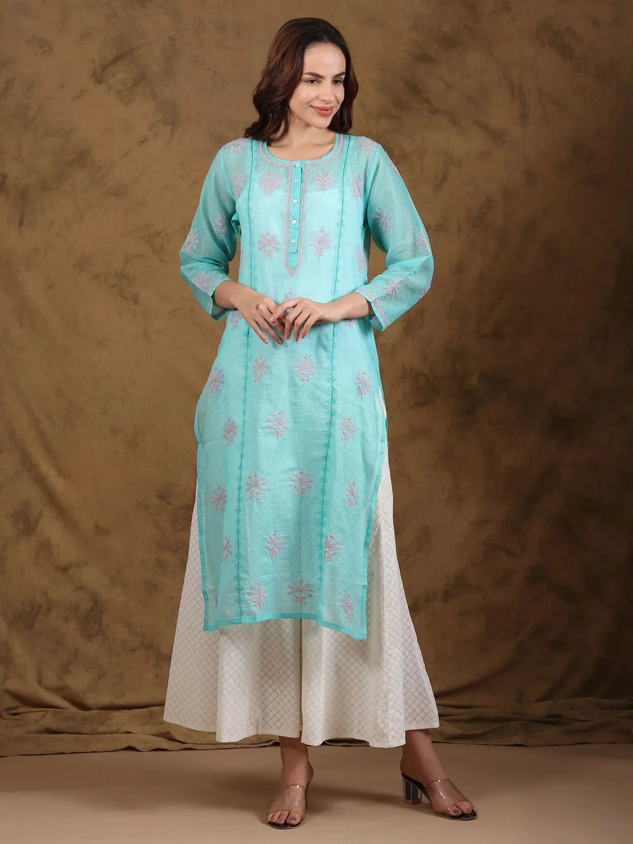 Chikankari Kota-doria Blue Kurta