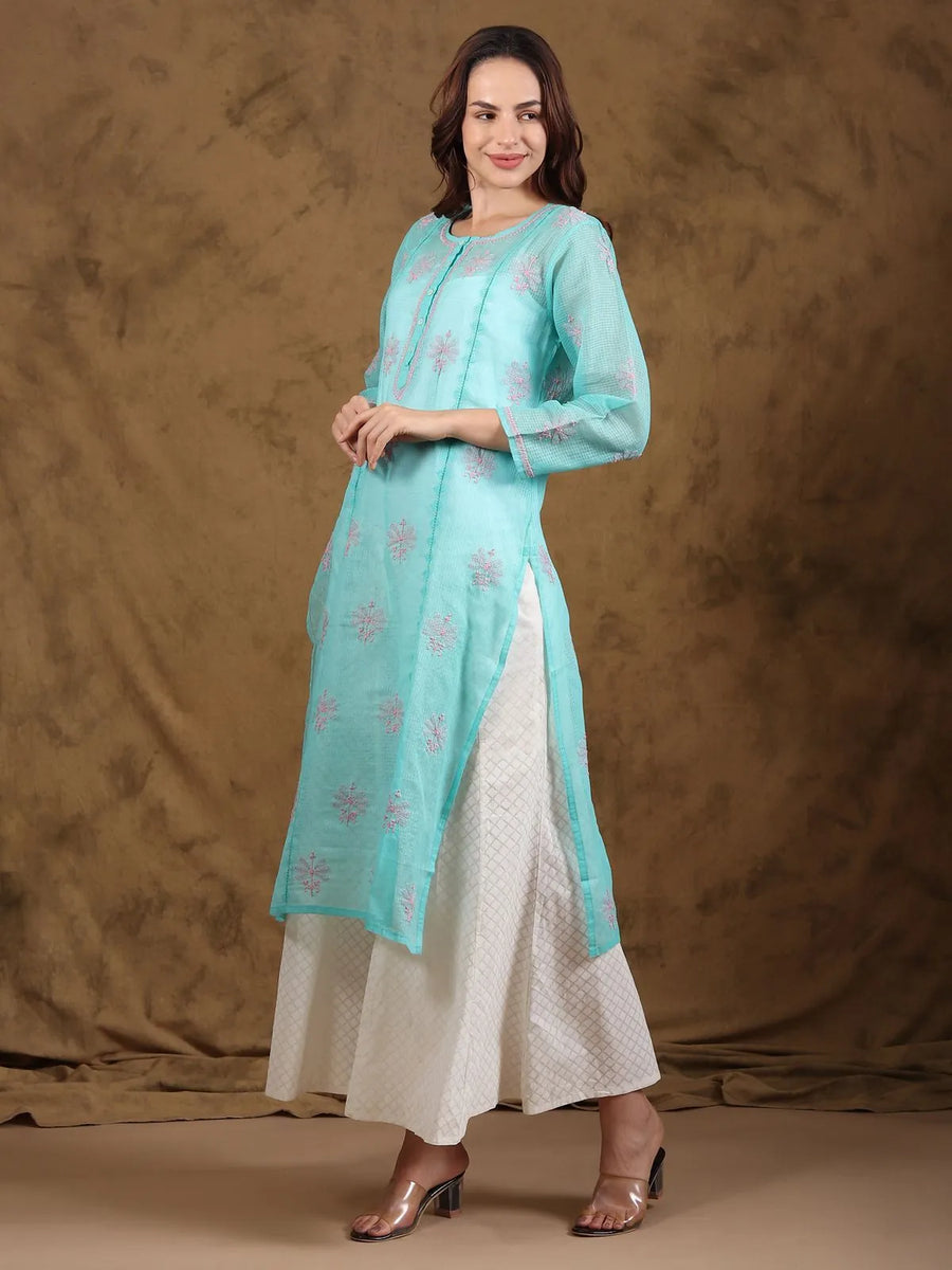 Chikankari Kota-doria Blue Kurta