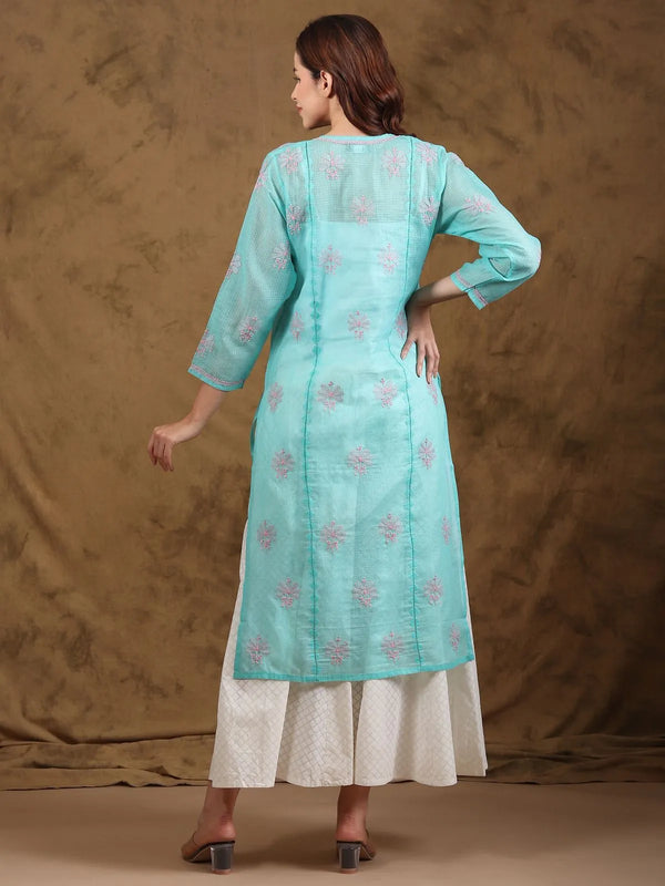 Blue Kota Doria kurta with white Lucknow Chikankari hand embroidery, front view