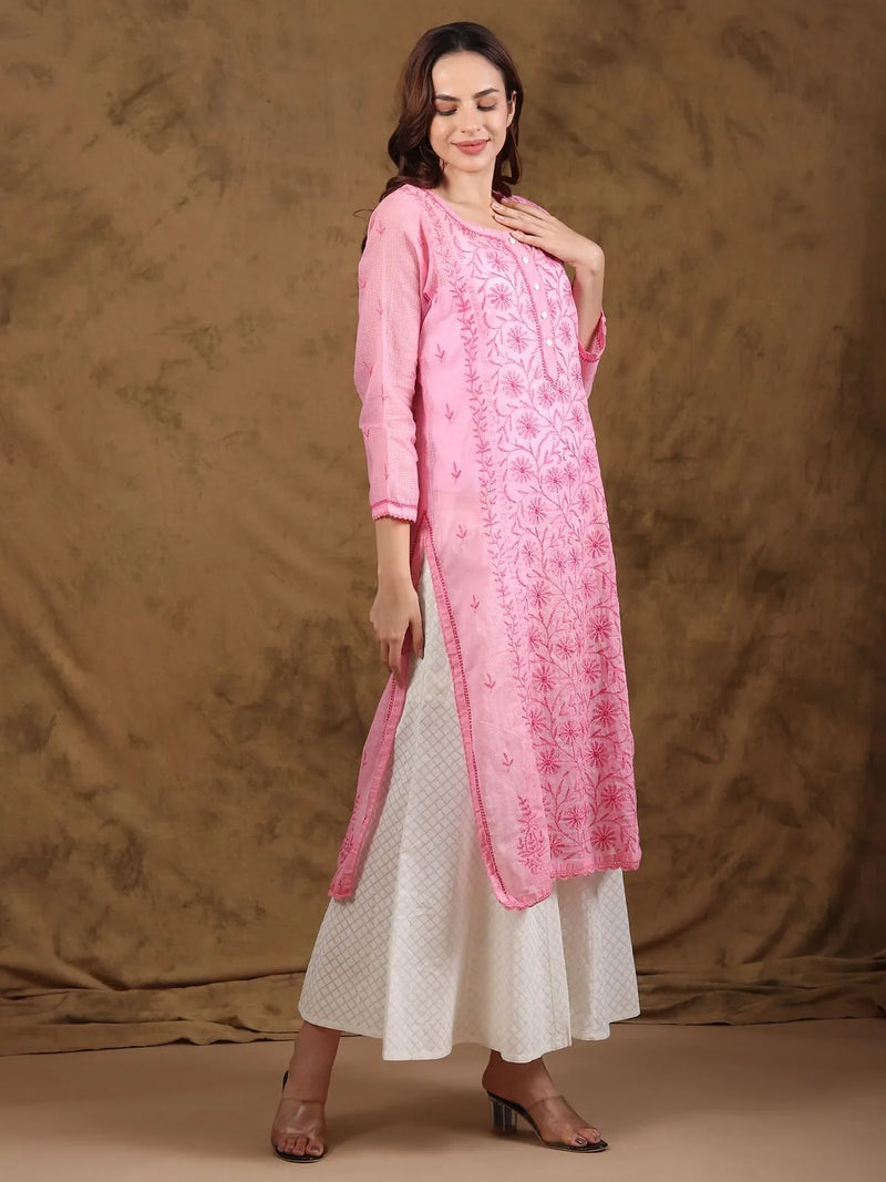 Chikankari Kota-doria Pink Kurta