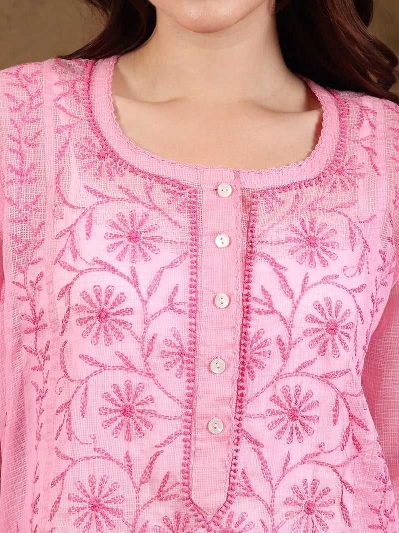 Chikankari Kota-doria Pink Kurta