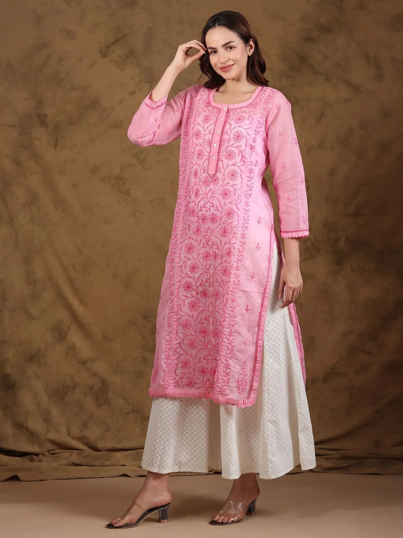 Chikankari Kota-doria Pink Kurta