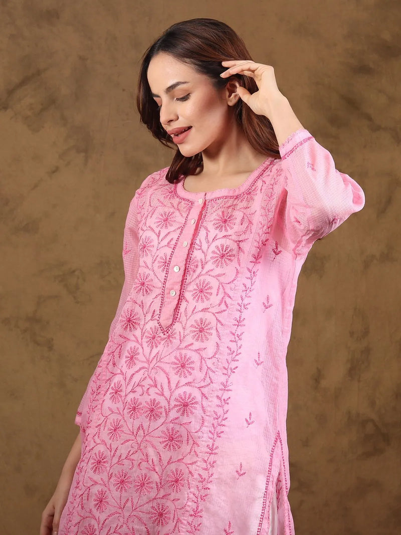 Chikankari Kota-doria Pink Kurta