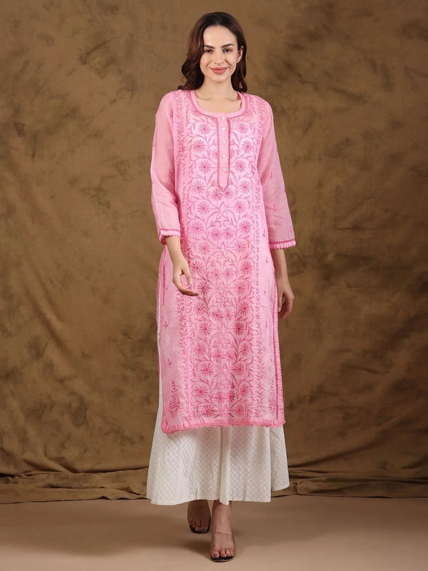 Pink Kota Doria kurta with white Lucknow Chikankari hand embroidery, front view