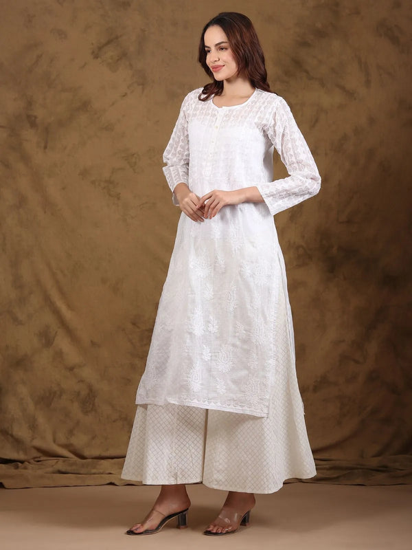 White Kota Doria Chikankari kurta with airy khat square weave and hand embroidery