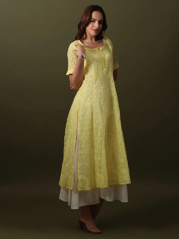 Yellow Kota Doria kurta with white Lucknowi chikankari hand embroidery, front view