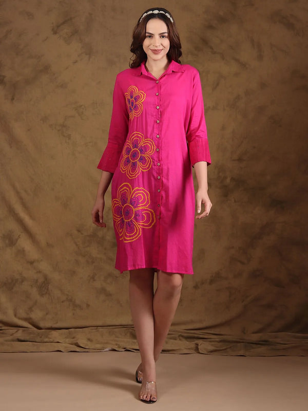 Chikankari shirt dress with white hand-embroidered floral buti on the collar and placket, Lucknow craft, front view